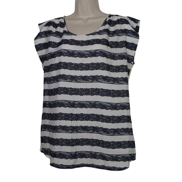 Express Striped Lace Print Short Sleeve Top Women Size L Keyhole Back Scoop Neck - Picture 1 of 9